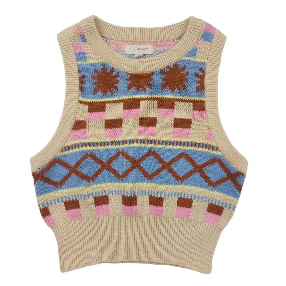 L.A. Hearts Sweater Vest Womens Small Beige Cotton Knit Geometric Retro Y2K